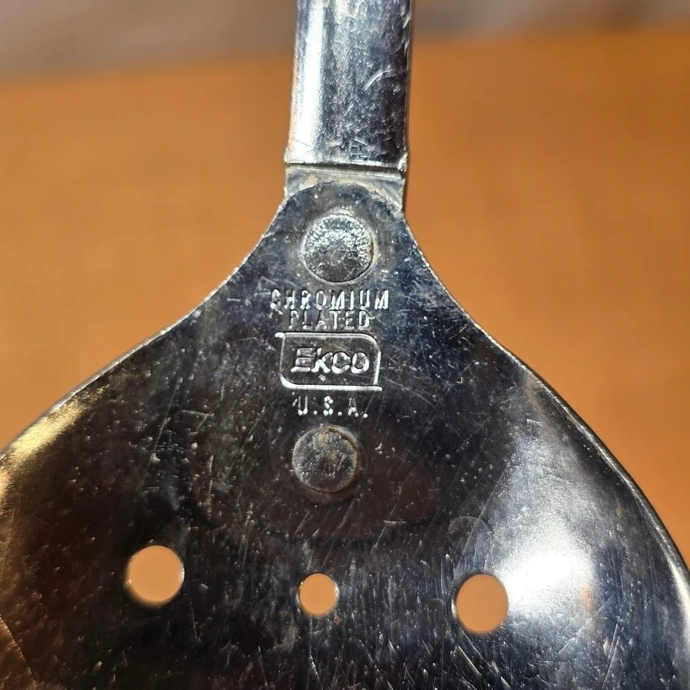 Vintage EKCO USA Chrome Plated Slotted Spoon Black Plastic Handle‎
